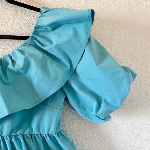 Forever 21 Women Ruffle Top Large NWT Peplum One Shoulder Puff Sleeve Turquoise - Picture 2 of 7
